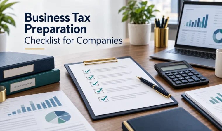 Business tax preparation checklist with financial statements, calculator, laptop, and accounting records